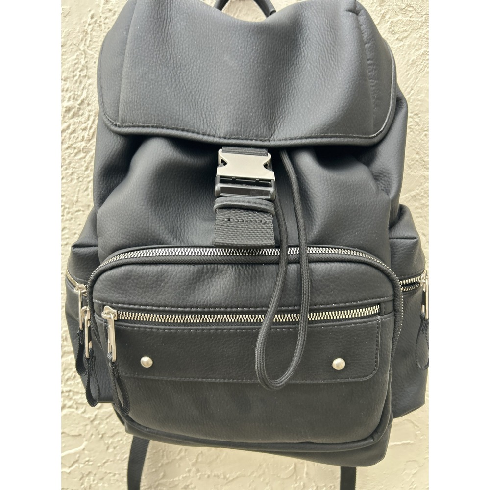 Black Pebbled Faux Leather Buckle Drawstring Backpack Utility Bag